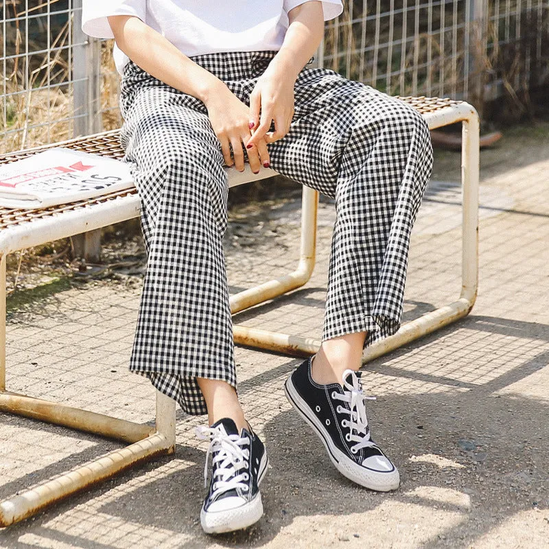 Women T-Shirt Tops High Waist Trendy Chequered Wide Leg Pants Ankle-Length Pants