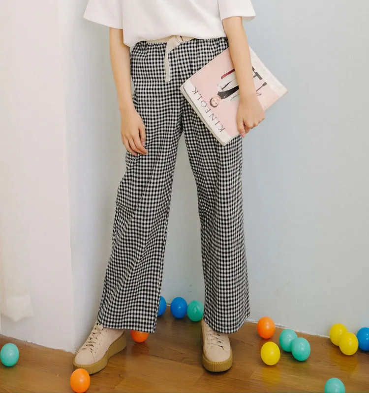 Women T-Shirt Tops High Waist Trendy Chequered Wide Leg Pants Ankle-Length Pants