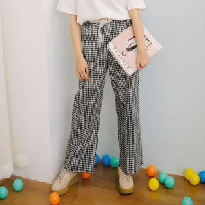 Women T-Shirt Tops High Waist Trendy Chequered Wide Leg Pants Ankle-Length Pants