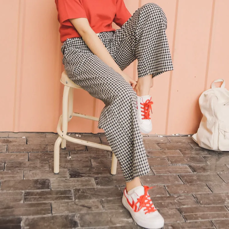 Women T-Shirt Tops High Waist Trendy Chequered Wide Leg Pants Ankle-Length Pants