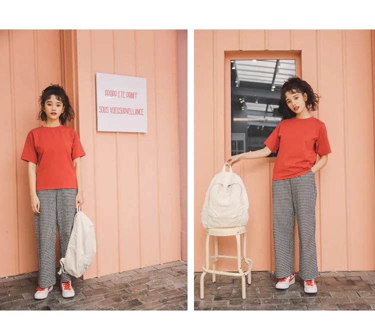 Women T-Shirt Tops High Waist Trendy Chequered Wide Leg Pants Ankle-Length Pants