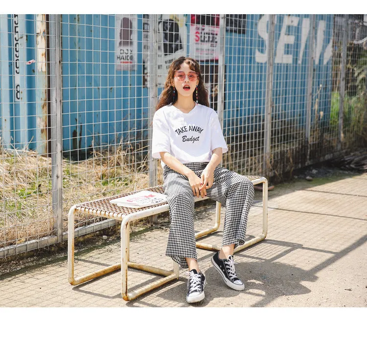 Women T-Shirt Tops High Waist Trendy Chequered Wide Leg Pants Ankle-Length Pants