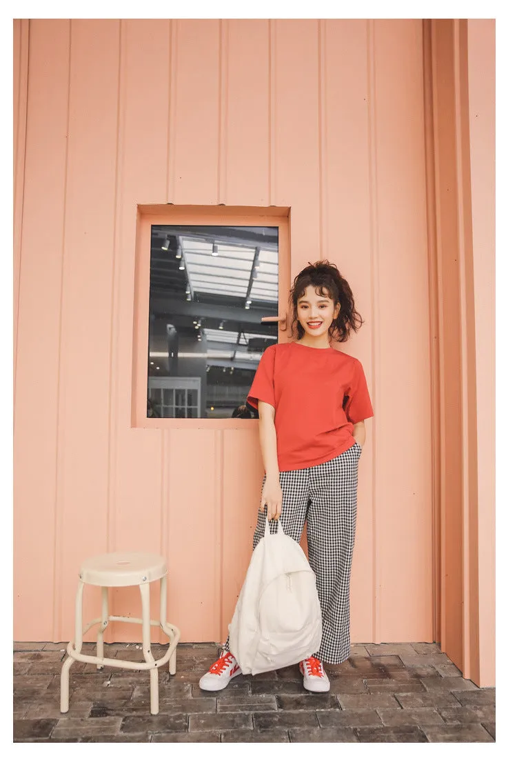 Women T-Shirt Tops High Waist Trendy Chequered Wide Leg Pants Ankle-Length Pants