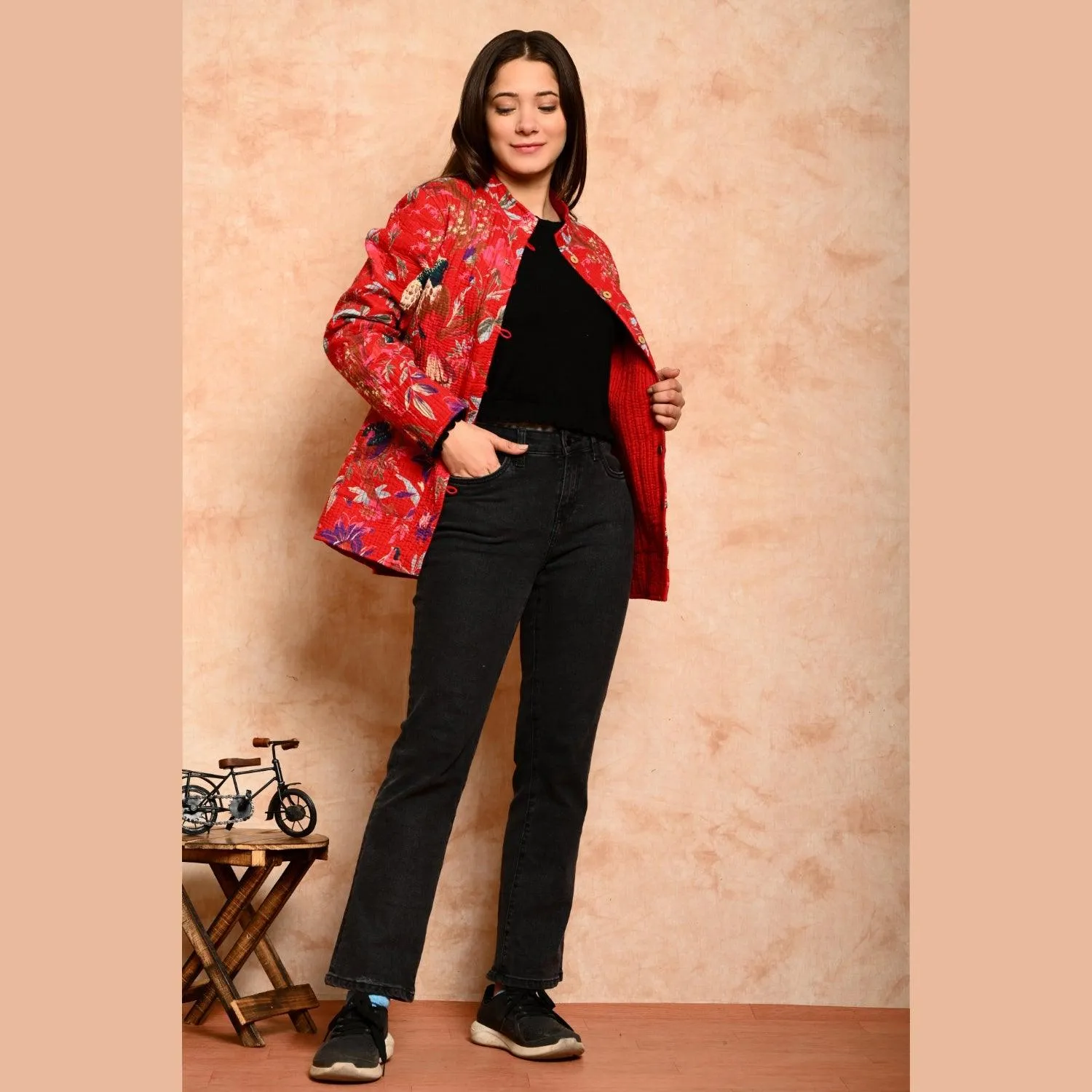 Women's Cotton Floral Print Quilted Jacket - SHKL1012