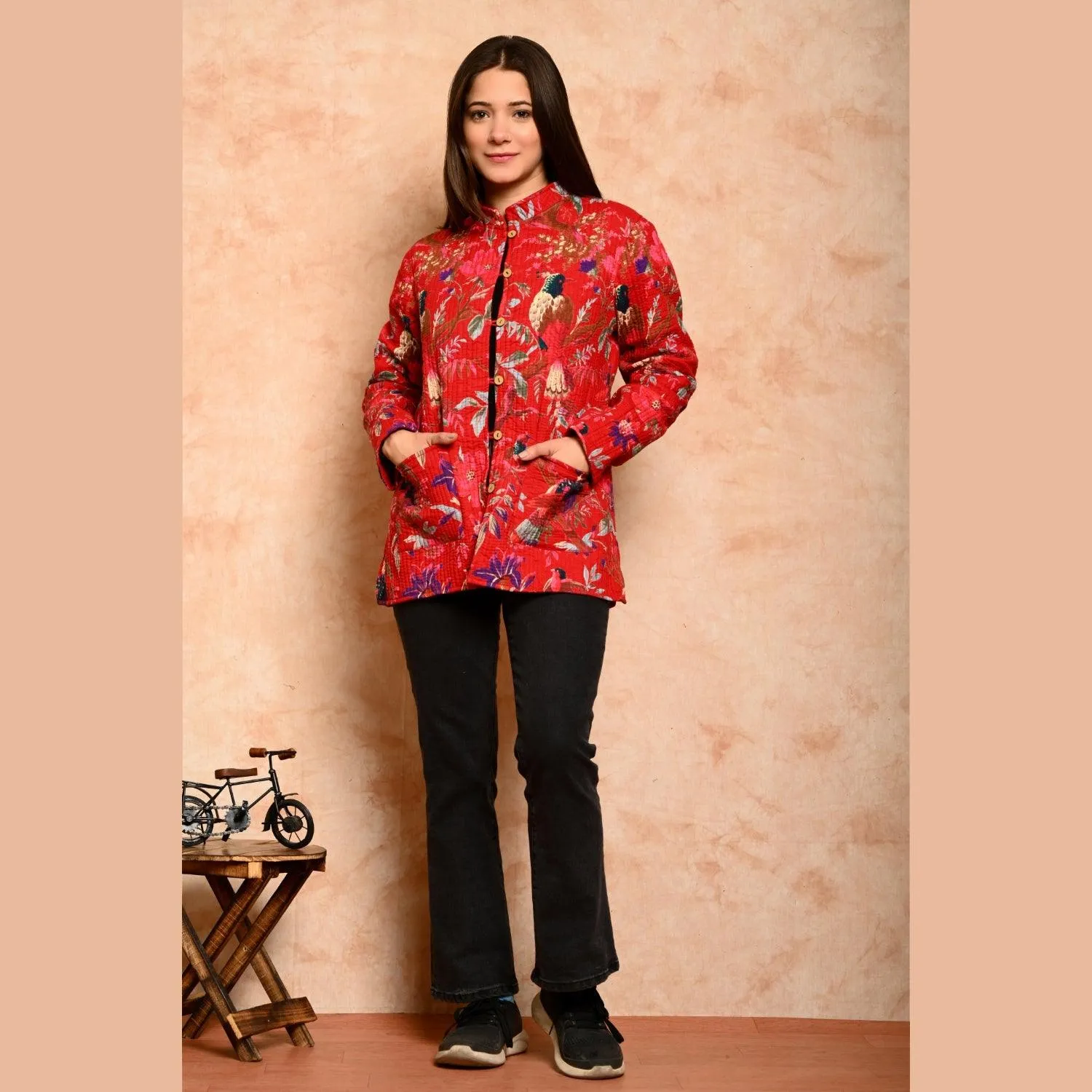 Women's Cotton Floral Print Quilted Jacket - SHKL1012