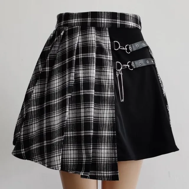 Women's High Waist Fashion Designer Plaid Pinned Skirts (Short)