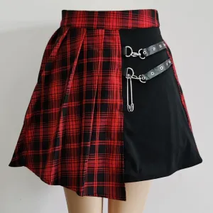 Women's High Waist Fashion Designer Plaid Pinned Skirts (Short)