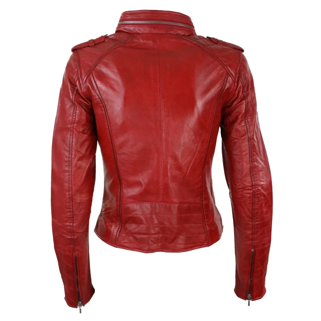 Women's Leather Red Biker Jacket Velvet Lining