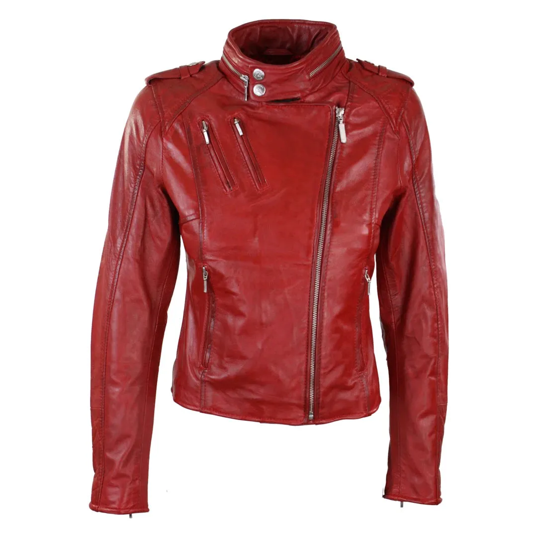 Women's Leather Red Biker Jacket Velvet Lining