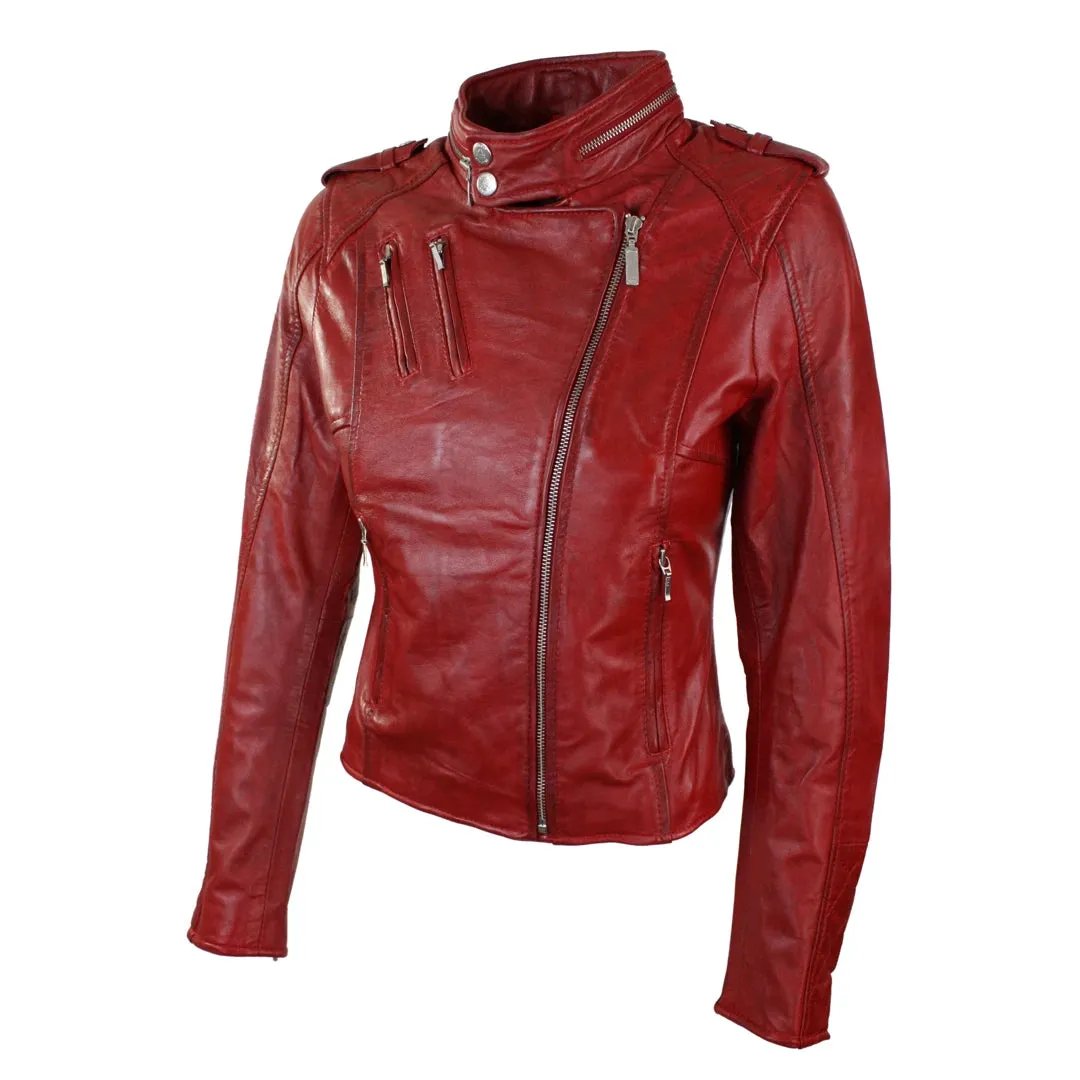 Women's Leather Red Biker Jacket Velvet Lining