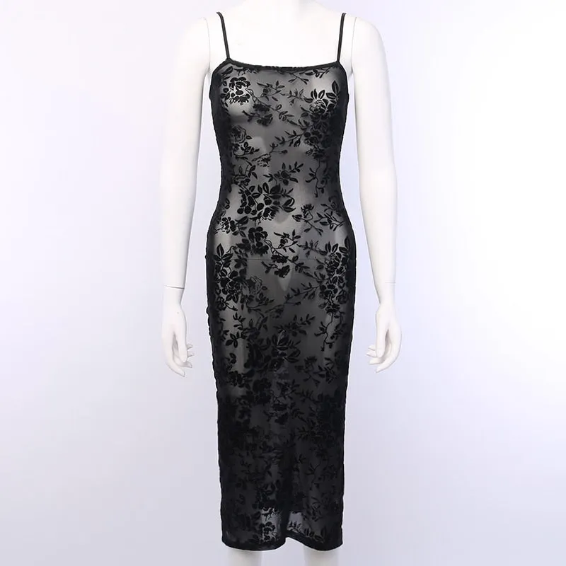 Women's Mesh Sleeveless Long Dress With Flower Print