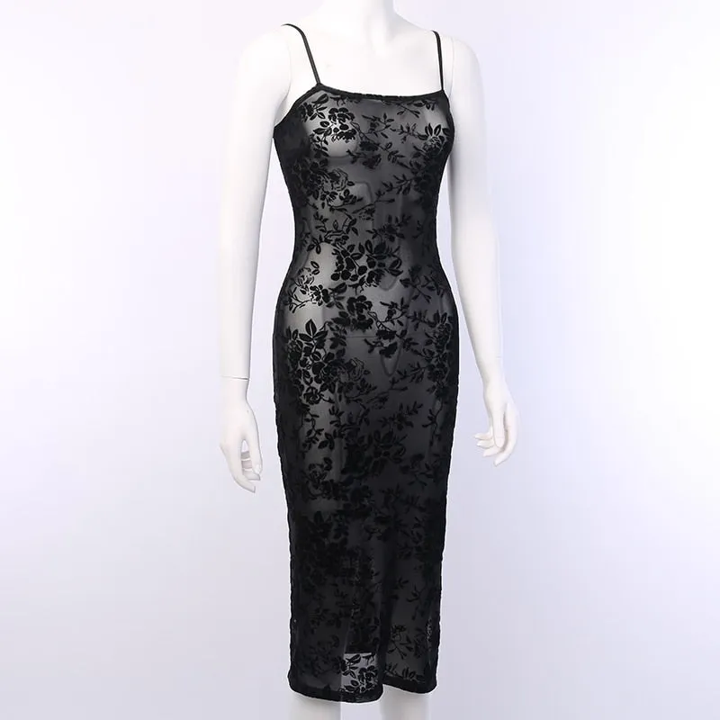 Women's Mesh Sleeveless Long Dress With Flower Print