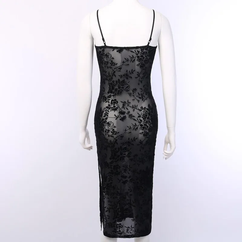 Women's Mesh Sleeveless Long Dress With Flower Print