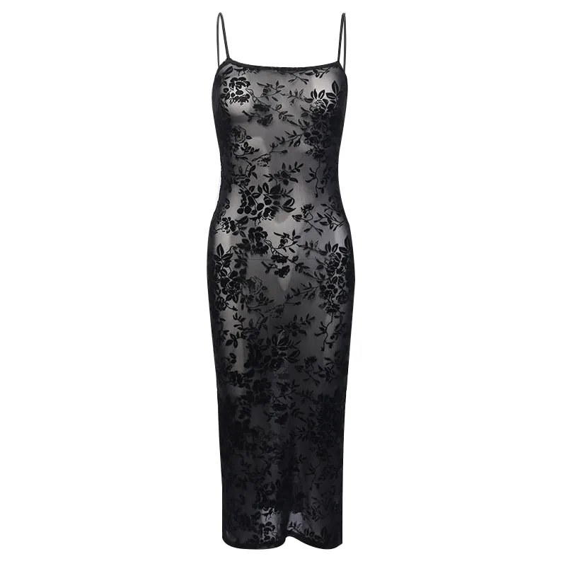 Women's Mesh Sleeveless Long Dress With Flower Print