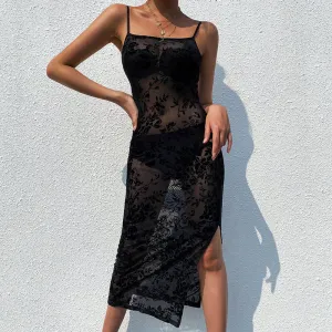 Women's Mesh Sleeveless Long Dress With Flower Print