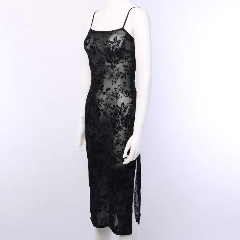 Women's Mesh Sleeveless Long Dress With Flower Print