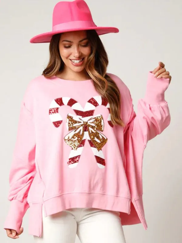 Women's Sequined Candy Cane Oversized Christmas Jumper