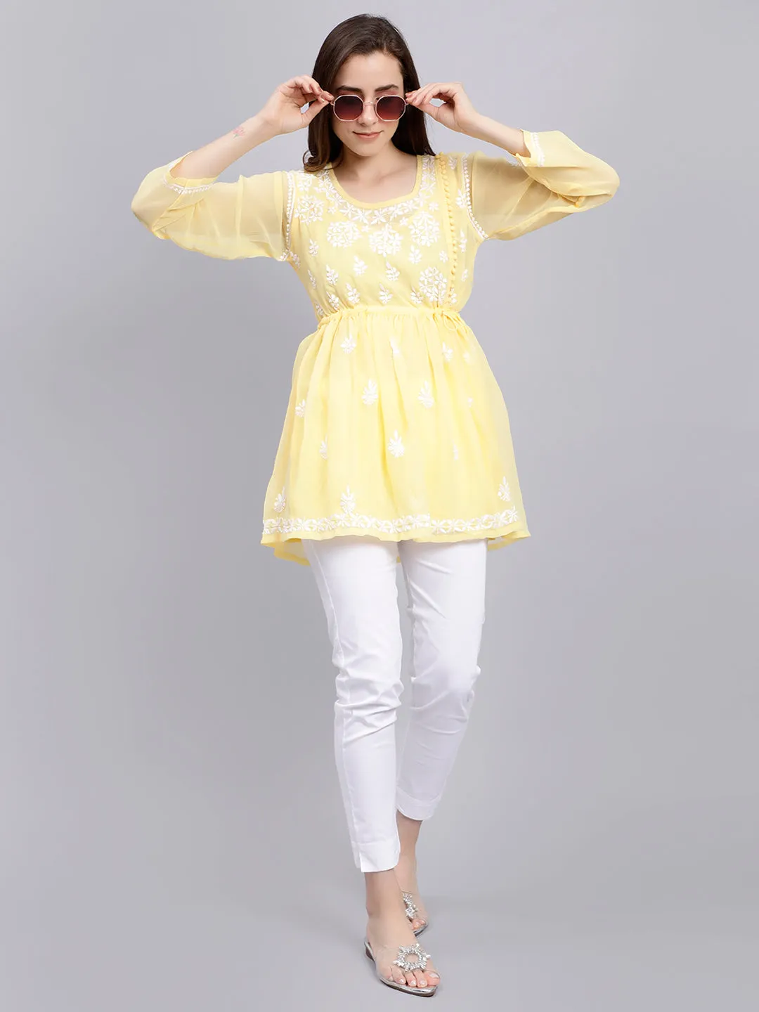 Yellow Georgette Angarkha Chikankari Tunic With Slip