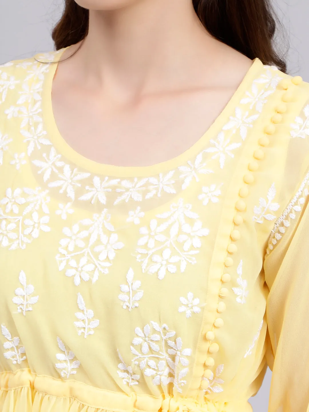 Yellow Georgette Angarkha Chikankari Tunic With Slip