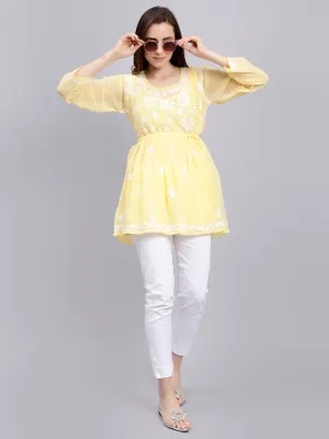 Yellow Georgette Angarkha Chikankari Tunic With Slip